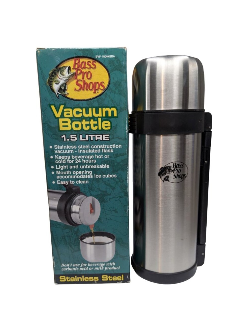 Bass Pro Vacuum Bottle Tumbler 1.5L Silver Insulated Outdoor Travel 12.5"